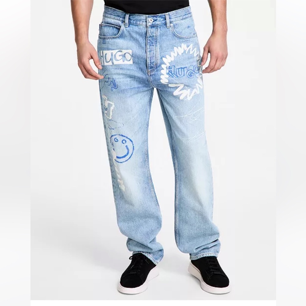 HUGO Men's Light Blue Graphic Nate Jeans
